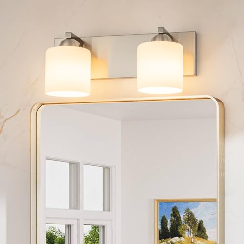 2 Light Brushed Nickel Bathroom Vanity Light with White Glass Shades