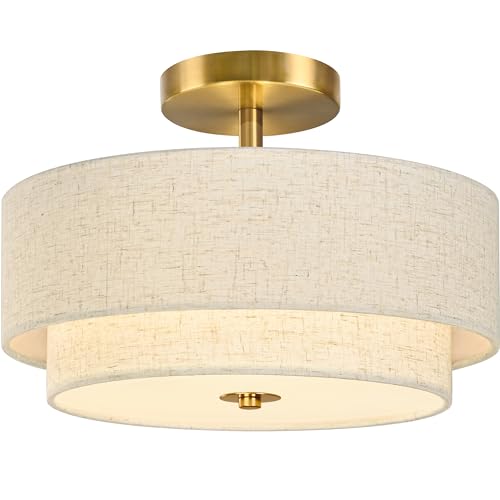 2 Light Semi Flush Mount Ceiling Light Fixture 12.6 Inch Modern Gold Drum Lights Fixture with 2