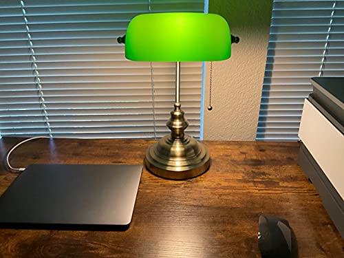 Glass Bankers Desk Lamp with Pull Chain Switch Plug in Fixture