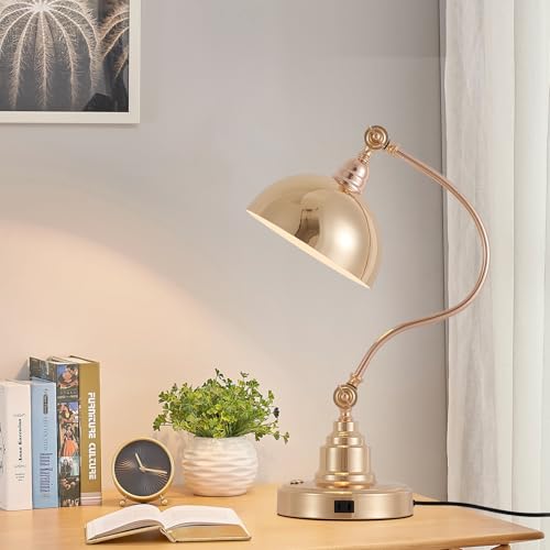 Dimmable Touch Control French Gold Swing Arm Desk Lamp with Charging Port
