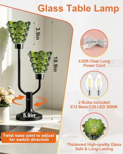 Green Glass Table Lamp for Living Room Vintage Lamp Gift Dimmable