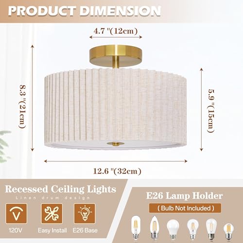 2 Light Semi Flush Mount Ceiling Light Fixture 12.6 Inch Modern Gold Drum Ceiling Light Fixture with Pleated Fabric Shade Dimmable Close to Ceiling Light for Living Room Hallway Bedroom Entryway