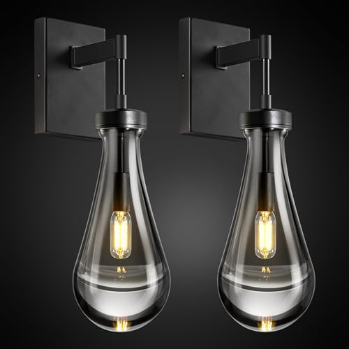 Raindrop Wall Sconces Set of Two Black Sconces Wall Decor Modern Wall Lighting Glass Bathroom Sconces Indoor Vanity Light Wall Lamp for Bedroom Living Room Stair (2 Count)
