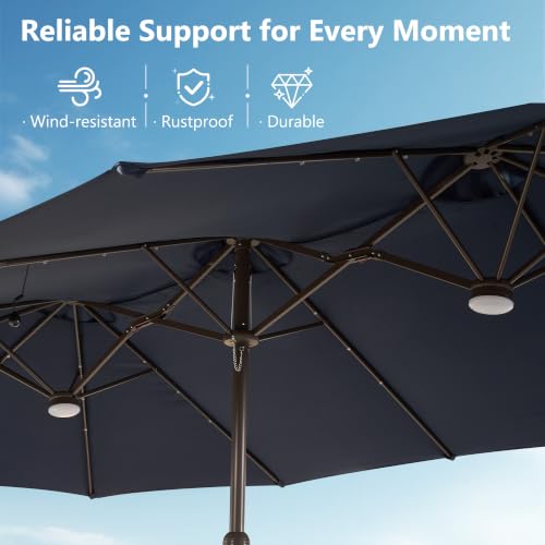 15FT Double Sided Rectangular Patio Umbrella with USB Rechargeable Warm LED Lights