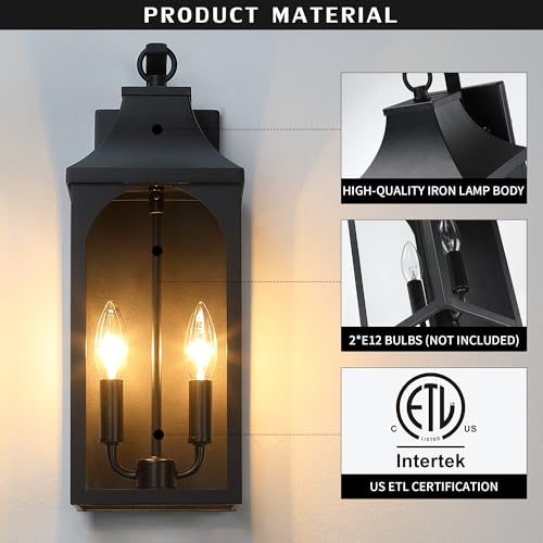 17-Inch 2-Light Outdoor Porch Wall Lantern, Black Exterior Light (2 Count)