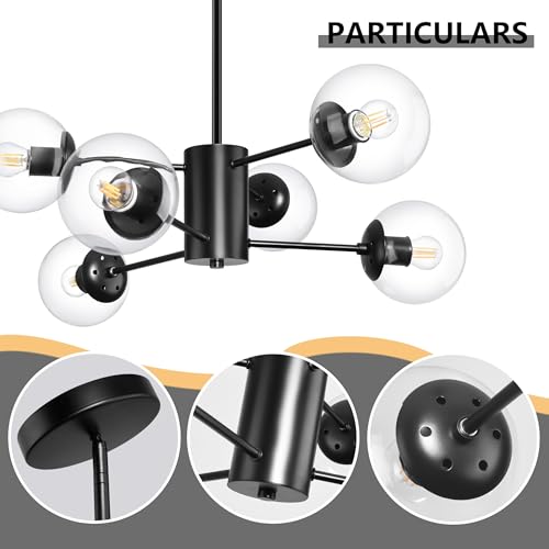 6 Light Globe Sputnik Chandelier Modern Black Sputnik Chandelier Mid Century Pendant Light Matte Black Finished with Clear Globe Glass Lampshade Chandeliers for Dining Room Kitchen