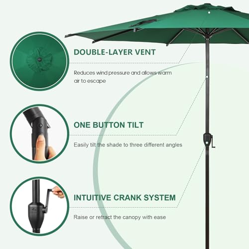 11FT Lyon Outdoor Patio Umbrella Outdoor Table Umbrella with Push Button Tilt and Crank Market Umbrella 8 Sturdy Ribs UV Protection Waterproof for Garden Deck Backyard Pool Dark Green