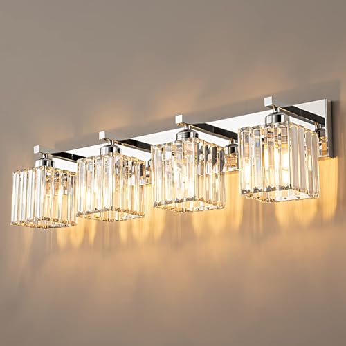 Modern 4 Light Chrome Crystal Bathroom Vanity Light Fixtures