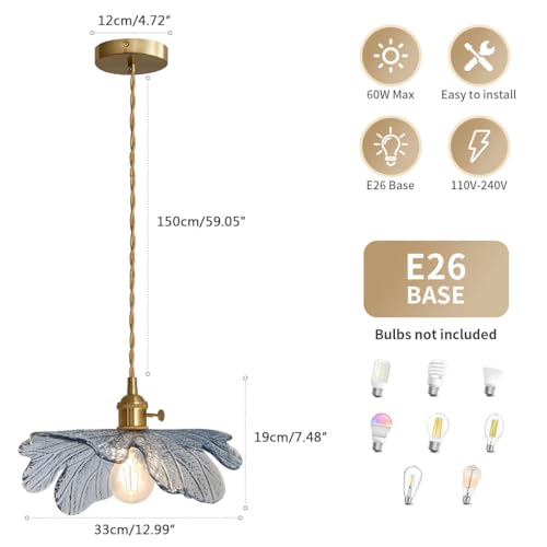 Vintage Glass Pendant Light Gold Brushed Brass Hanging Light with Blue Flower Glass Shade