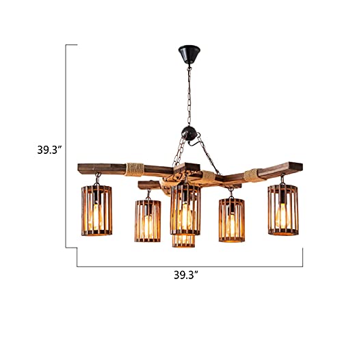 6 Lights Industrial Vintage Hanging Pendant Light Wooden Chandelier Ceiling Light Retro Wooden Light Suspension Lighting Fixture Retro Loft Lantern Chandelier Lights Handmade Lighting Products