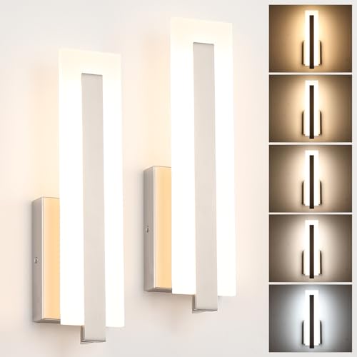 Hardwired Brushed Nickel Dimmable Modern LED Wall Sconce 2 Packs 3000K 3500K 4000K 5000K 6000K Indoor Wall Lights Up and Down Wall Mount Light for Living Room Bedroom Hallway Corridor