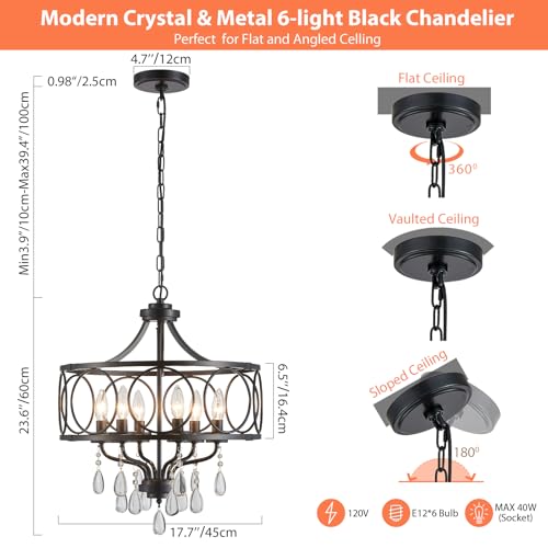 Modern Black Chandelier 17.7" Metal Crystal Pendant Lighting Fixture Hanging 6