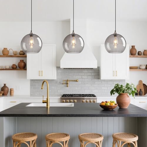 Light Grey Glass Pendant Lights Kitchen Island Globe Pendant Light Fixtures Modern Pendant Lighting for Bedroom Living Dining Room Light Fixture (3 Count)