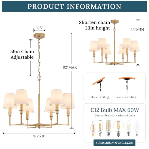 6 Light Candelabra Chandelier Dining Room Gold Linen Chandeliers 26in