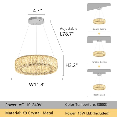 Modern Chandelier for Dining Room Dimmable LED Pendant Lights for Kitchen Island Lighting Silver Ring Crystal Chandeliers for Bedroom Entrance Living Room