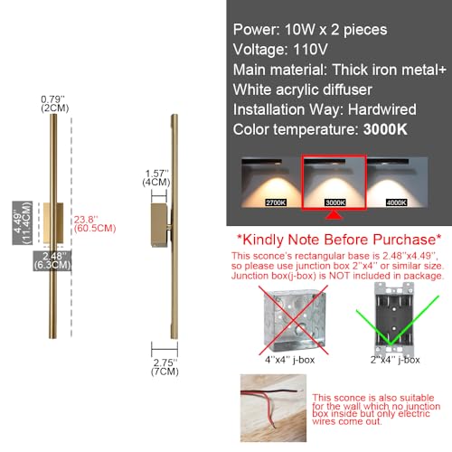 Only Suitable for Small Junction Box Set of 2 Hardwired Narrow Gold Wall Sconces Modern Picture Lights Linear Mirror Vanity Wall Lights for Bathroom Bedroom Corridor (2 Count)