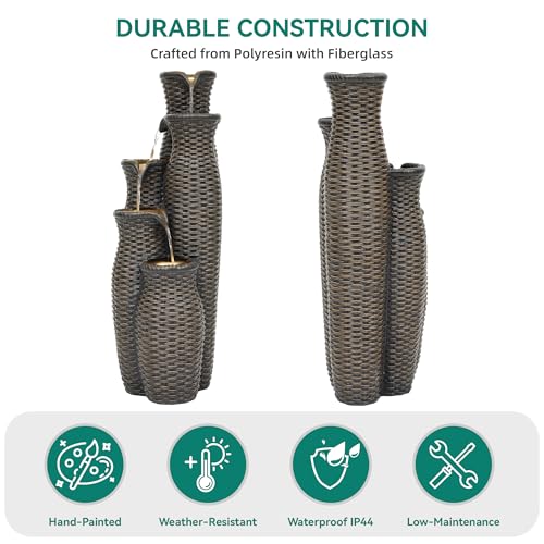 AUTODAYA 5 Tier Faux Rattan Vase Water Fountain Outdoor with LED Lights