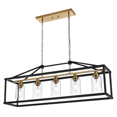Rectangle 5 Lights Black Modern Dining Room Lighting Fixtures Hanging Over Table
