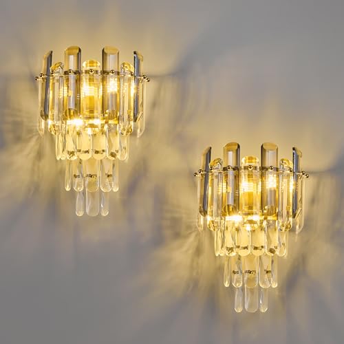Modern Crystal Wall Sconces Gold Wall Sconce Set of Two Bathroom Vanity Light Fixtures Bedside Wall Light for Living Room Bedroom Hallway Foyer G9 Bulbs (2 Count)