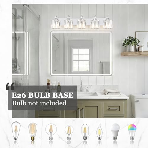 5 Light Modern Bathroom Light Fixture Chrome Vanity Lights Over Mirror Wall Sconce Lighting with K9 Crystal Shades Bathroom Wall Lamp E26 Base for Bedroom
