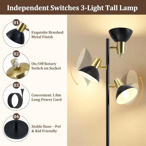 3 Light Floor Lamps for Living Room (Black and Gold)