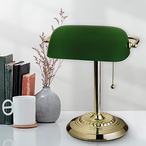 13.5'' Traditional Banker's Lamp Light Fixture with Green Glass Cylinder Shade for Office