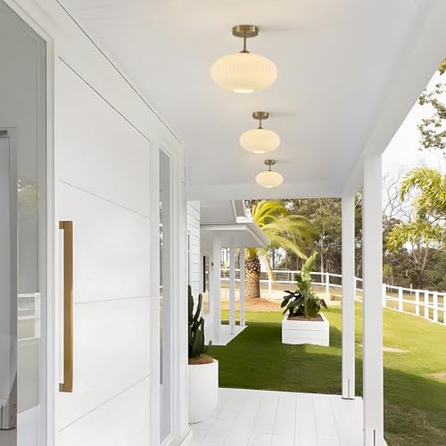 Ribbed Milk Glass Flush Mount Ceiling Light Mid Century Modern Entry Light Fixture White Semi Flush Mount Lights Gold Globe Hallway Ceiling Light (2 Count)