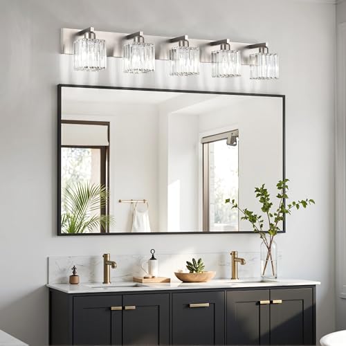 Brushed Nickel Bathroom Lighting Fixtures 5 Light Vanity Light Crystal Modern Bathroom Vanity Light
