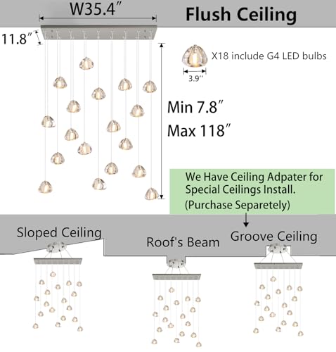 W35 x D11.8 x H118 Rectangular Chandelier Bubble Crystal Balls Glam Chandeliers Dimmable Light High Ceiling Pendants Light Fixtures Adjustable Long Lights Brushed Nickel