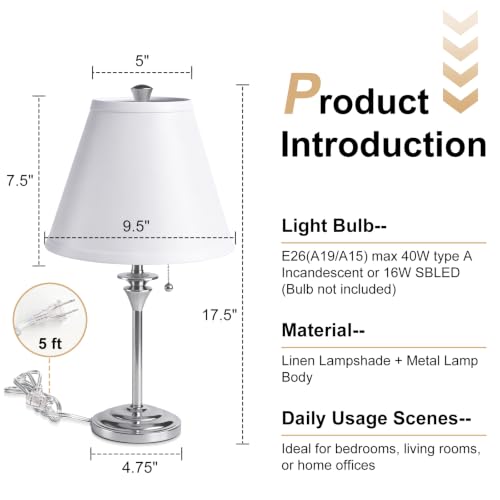 Metal Table Lamp for Bedroom (White Shade & Silver Base)