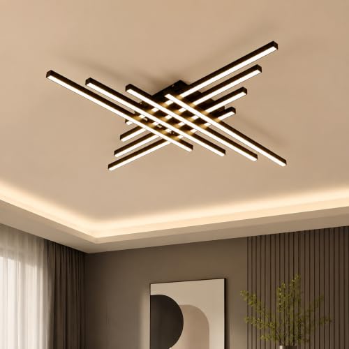 Flush Mount Ceiling Light Fixture 45.7" Modern Black Sputnik Dimmable LED Lamp with Remote Control Ideal for Bedroom Living Room Kitchen Room