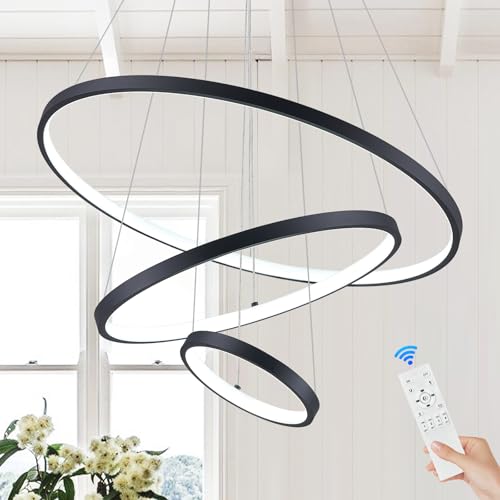 Modern LED Chandeliers 3 Rings Black Chandelier Dimmable LED Pendant Light Fixture Remote Control Contemporary Flush Mount Chandelier for Dining Room Bedroom Foyer