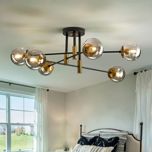 6 Lights Glass Globe Sputnik Chandelier Modern Flush Mount Ceiling Light Fixture Farmhouse Lighting for Dining Room Living Room Bedroom Kitchen Passageway