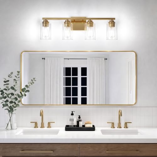 4 Light Brushed Gold Bathroom Light Fixtures Over Mirror 27 Inches