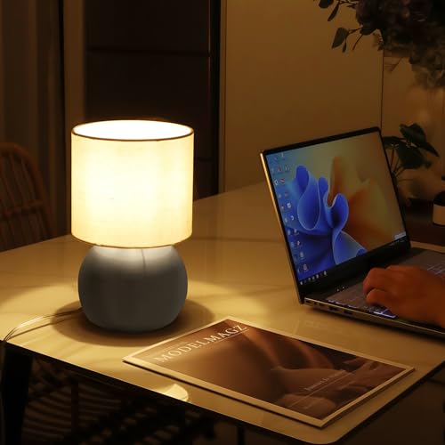 Modern Small Table Lamp with Grey Metal Base and Linen Shade