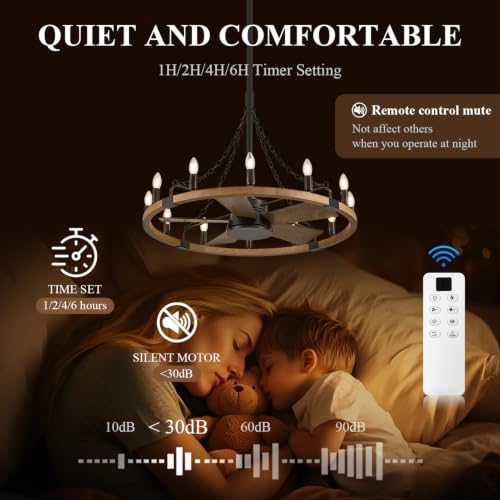 Oak Wooden Wagon Wheel Chandelier Fans 12