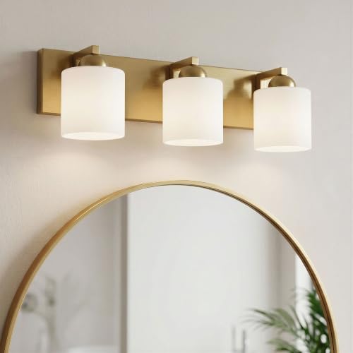 3 Light Brushed Gold Bathroom Vanity Light with White Glass Shades
