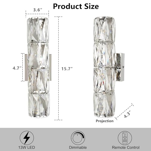 Crystal Wall Sconce Dimmable LED with Remote for Bedroom Bathroom