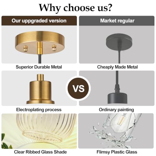 2 Pack Pendant Lights with Vintage Clear Ribbed Glass Lampshade (2 Count)