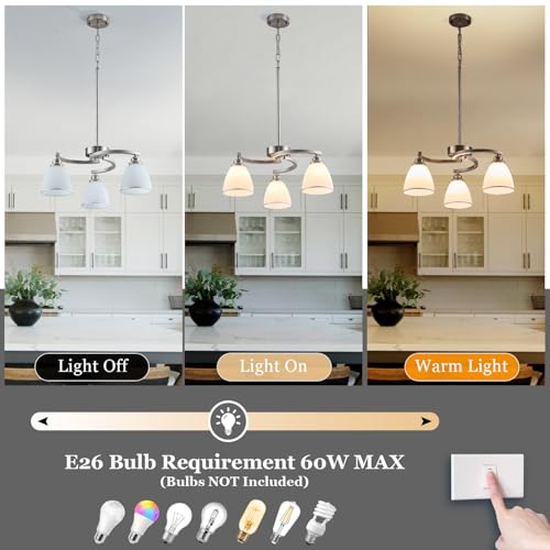 3 Lights Brushed Nickel Farmhouse Chandelier Retractable Kitchen Island Light with Milk White Frosted Glass Max 59" Height Adjustable Silver Hanging Ceiling Light for Dining Room Living Room Entry