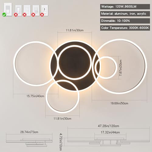 Black Flush Mount Ceiling Light Dimmable Dining Room Light Fixture Round 6 Rings Modern LED Ceiling Light with Remote Control 47" Kitchen Lighting Fixture Ceiling Lamp for Living Room