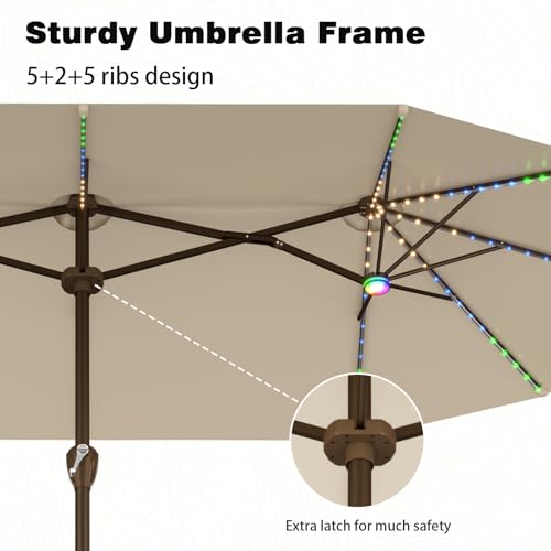 15FT Large Rectangular Patio Umbrella with Solar Lights