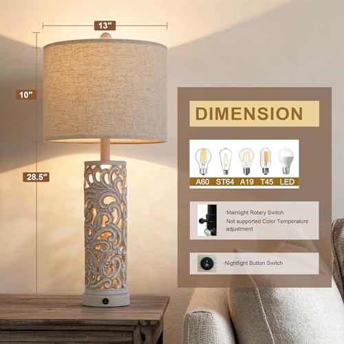 2-in-1 Light Table Lamp Set of 2 for Living Room, 28.5" Farmhouse Bedside Lamps with USB Charging Port, Main&Night Light & Dual Switches, Nightstand Lamp for Bedroom Home Office(Bulb Included) (2 Count)