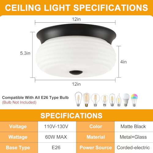 Black Flush Mount Ceiling Light Fixtures (Matte Black-Milk Glass(No Assembly Required))