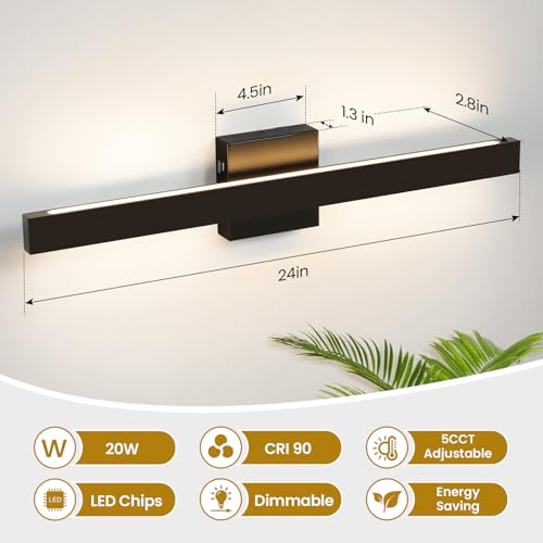 24 Inch Modern Vanity Light Black Bathroom Lighting Fixture with Up & Down Lighting 5CCT Dimmable LED Vanity Light Bar Over Mirror for Bathroom Bedroom Restroom