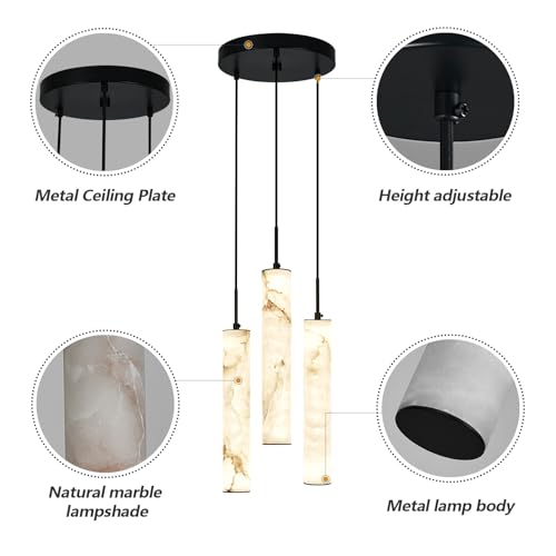 Natural Alabaster Pendant Lights for Kitchen Island White Marble Long Tube Chandelier 4000K Modern Black Ceiling Light Fixtures for Bedroom Dining Room Living Room Hallway