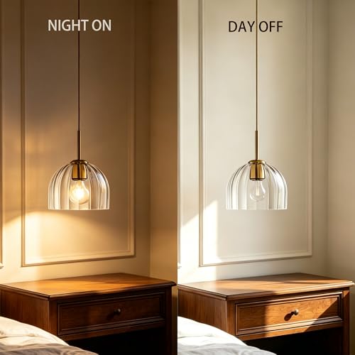 Clear Ribbed Glass Pendant Light Kitchen Island 7.8Inch Brass Hanging Lamp