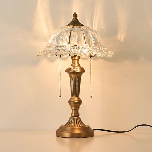 Glass Shade Table Lamp Vintage Brass Metal Desk Lamp 2 Lights Table Light with Plug Switch for Bedroom Living Room Home Office