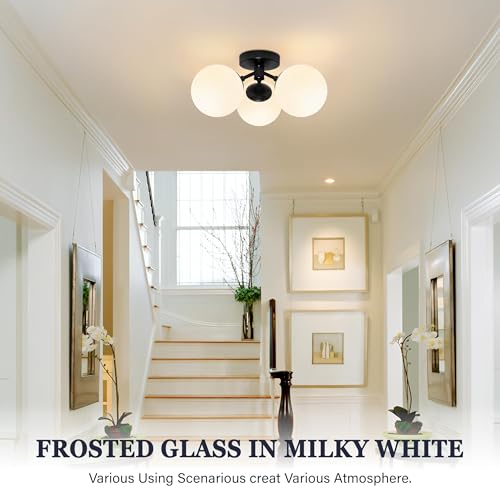 3 Light Mid Century Modern Black Semi Flush Mount Ceiling Light Milk Glass Globe Ceiling Lights Black Chandelier 3 Light Sputnik Ceilings Light Fixture for Bedroom Living Room Hallway Entryway