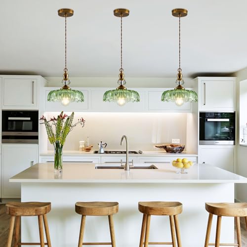 Vintage Glass Pendant Light Fixture Green Adjustable Chandelier Modern Gold Hanging Ceiling Light for Farmhouse Dining Room Living Room Bedroom Entryway Kitchen Island